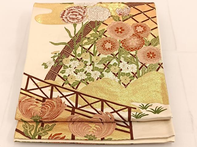 平和屋着物◎六通柄袋帯 唐織 間垣草花文 金糸 正絹 逸品 BAAT3641ui