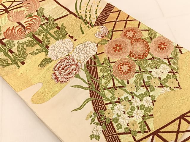 平和屋着物◎六通柄袋帯 唐織 間垣草花文 金糸 正絹 逸品 BAAT3641ui