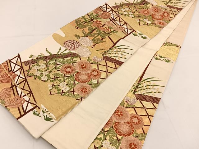平和屋着物◎六通柄袋帯 唐織 間垣草花文 金糸 正絹 逸品 BAAT3641ui