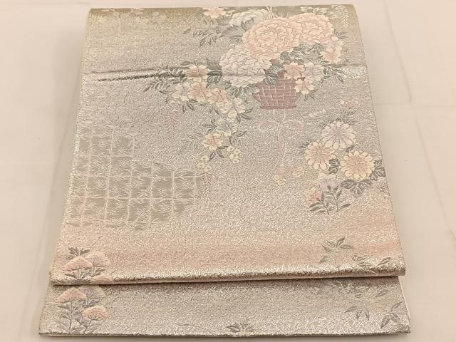平和屋着物◎六通柄袋帯 唐織 花籠文 銀糸 正絹 逸品 未