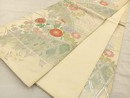 平和屋着物◎六通柄袋帯 唐織 間垣草花文 金銀糸 正絹 逸品 BAAT3846xa