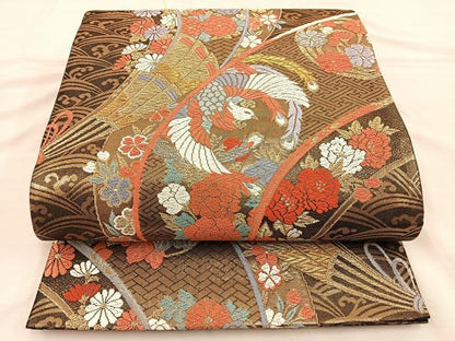 平和屋着物◎六通柄袋帯 唐織 鳳凰花文 黒字 金糸 正絹 逸品 BAAT3851xa