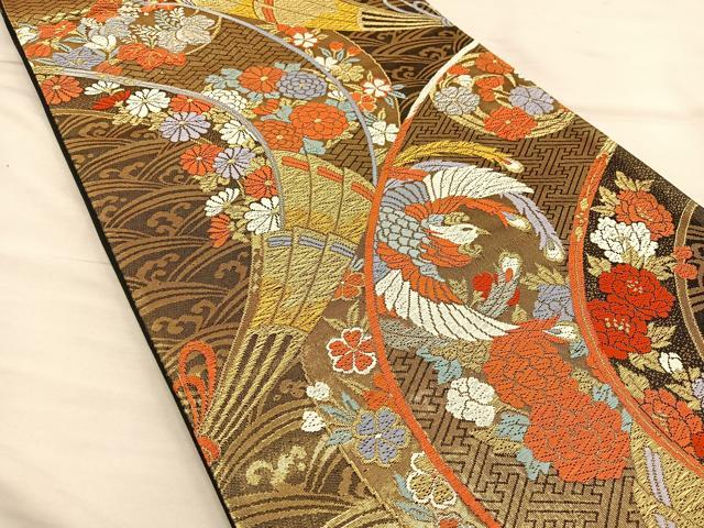 平和屋着物◎六通柄袋帯 唐織 鳳凰花文 黒字 金糸 正絹 逸品 BAAT3851xa