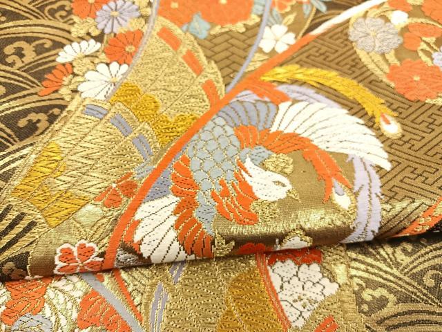 平和屋着物◎六通柄袋帯 唐織 鳳凰花文 黒字 金糸 正絹 逸品 BAAT3851xa