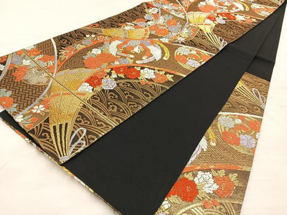 平和屋着物◎六通柄袋帯 唐織 鳳凰花文 黒字 金糸 正絹 逸品 BAAT3851xa