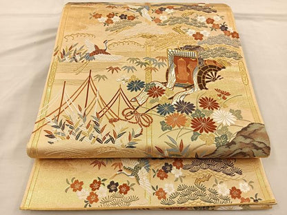 平和屋着物◎六通柄袋帯 唐織 松鶴御車文様 金糸 正絹 逸品 BAAT3852xa