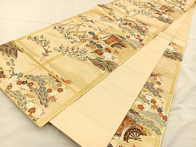 平和屋着物◎六通柄袋帯 唐織 松鶴御車文様 金糸 正絹 逸品 BAAT3852xa