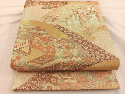 平和屋着物◎六通柄袋帯　花鳥風景文　金糸　正絹　逸品　BAAT3853xa