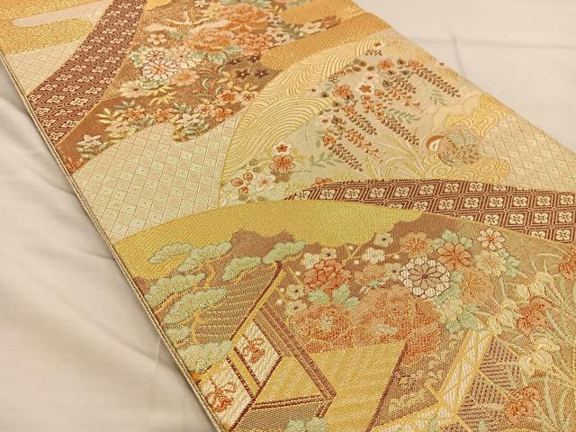 平和屋着物◎六通柄袋帯　花鳥風景文　金糸　正絹　逸品　BAAT3853xa