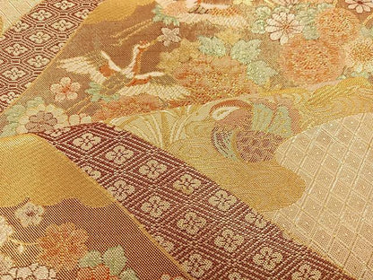 平和屋着物◎六通柄袋帯　花鳥風景文　金糸　正絹　逸品　BAAT3853xa