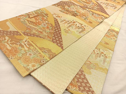 平和屋着物◎六通柄袋帯　花鳥風景文　金糸　正絹　逸品　BAAT3853xa