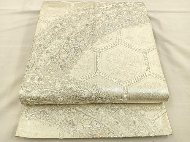 平和屋着物◎六通柄袋帯 亀甲青海華文 銀糸 正絹 逸品 BAAT3858xa