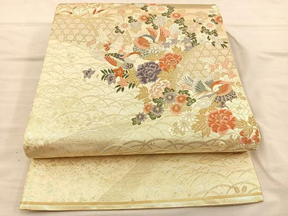平和屋着物◎六通柄袋帯 唐織 間垣鴛鴦花文 金銀糸 正絹 逸品 BAAT3865xa