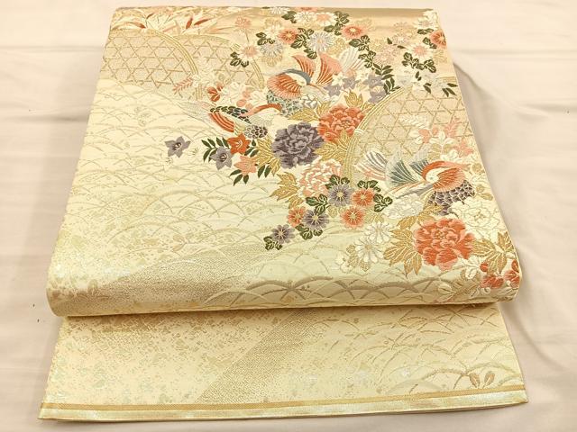 平和屋着物◎六通柄袋帯 唐織 間垣鴛鴦花文 金銀糸 正絹 逸品 BAAT3865xa