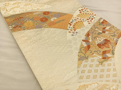 平和屋着物◎六通柄袋帯 唐織 地紙花鳥文 鶴 金銀糸 正絹 逸品 BAAT3866xa
