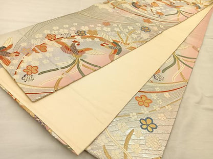 平和屋着物◎六通柄袋帯 唐織 尾長鳥花文 金銀糸 正絹 逸品 BAAT3868xa