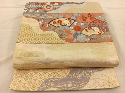 平和屋着物◎六通柄袋帯 唐織 横段扇面鶴花文 金糸 正絹 逸品 BAAT3871xa