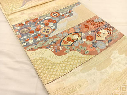 平和屋着物◎六通柄袋帯 唐織 横段扇面鶴花文 金糸 正絹 逸品 BAAT3871xa