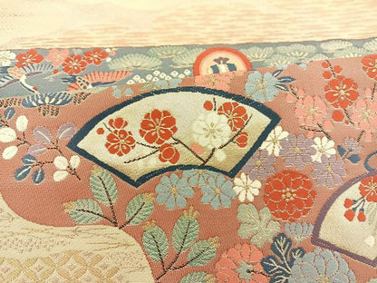 平和屋着物◎六通柄袋帯 唐織 横段扇面鶴花文 金糸 正絹 逸品 BAAT3871xa