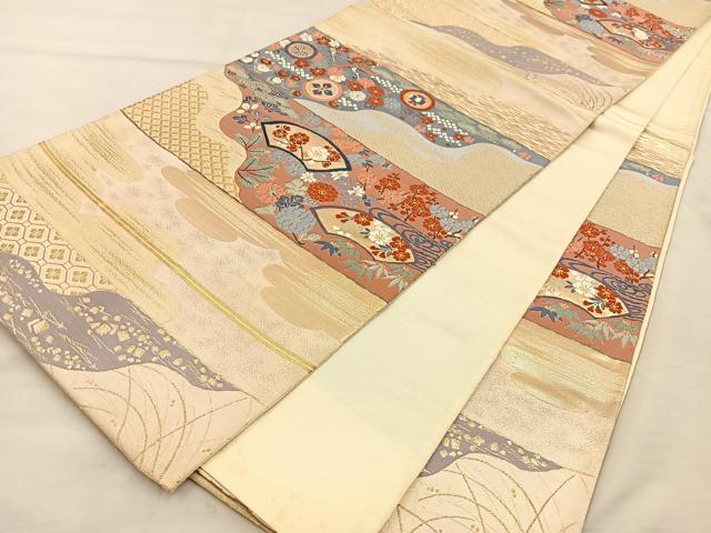 平和屋着物◎六通柄袋帯 唐織 横段扇面鶴花文 金糸 正絹 逸品 BAAT3871xa