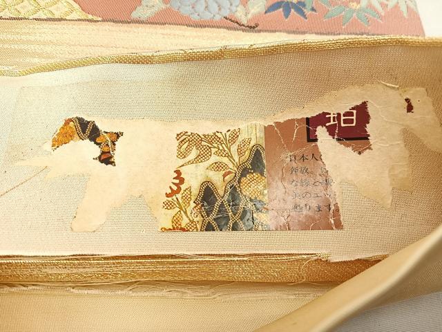 平和屋着物◎六通柄袋帯 唐織 横段扇面鶴花文 金糸 正絹 逸品 BAAT3871xa