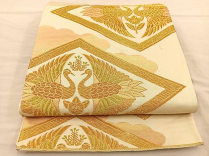 平和屋着物◎六通柄袋帯 双鶴菱文 金糸 正絹 逸品 BAAT3873xa