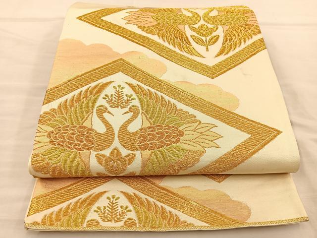 平和屋着物◎六通柄袋帯 双鶴菱文 金糸 正絹 逸品 BAAT3873xa