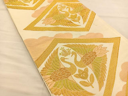 平和屋着物◎六通柄袋帯 双鶴菱文 金糸 正絹 逸品 BAAT3873xa
