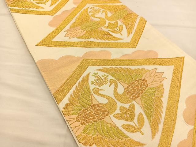 平和屋着物◎六通柄袋帯 双鶴菱文 金糸 正絹 逸品 BAAT3873xa