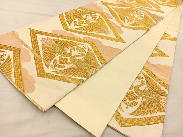平和屋着物◎六通柄袋帯 双鶴菱文 金糸 正絹 逸品 BAAT3873xa