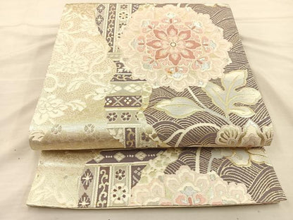 平和屋着物◎六通柄袋帯 道長花文 金糸 正絹 逸品 BAAT3881xa