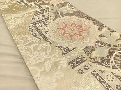 平和屋着物◎六通柄袋帯 道長花文 金糸 正絹 逸品 BAAT3881xa
