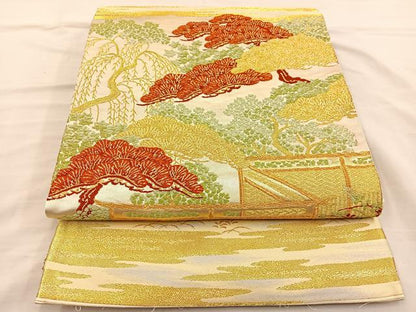 平和屋着物◎六通柄袋帯 枝松風景文 金糸 正絹 逸品 BAAT3893xa