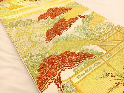 平和屋着物◎六通柄袋帯 枝松風景文 金糸 正絹 逸品 BAAT3893xa