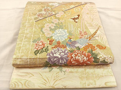 平和屋着物◎六通柄袋帯 唐織 花鳥文 金糸 正絹 逸品 BAAT3921xa