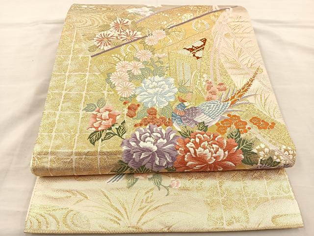 平和屋着物◎六通柄袋帯 唐織 花鳥文 金糸 正絹 逸品 BAAT3921xa