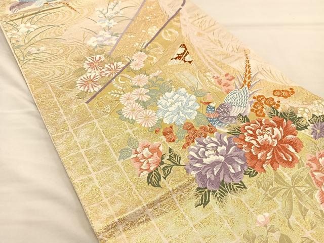 平和屋着物◎六通柄袋帯 唐織 花鳥文 金糸 正絹 逸品 BAAT3921xa