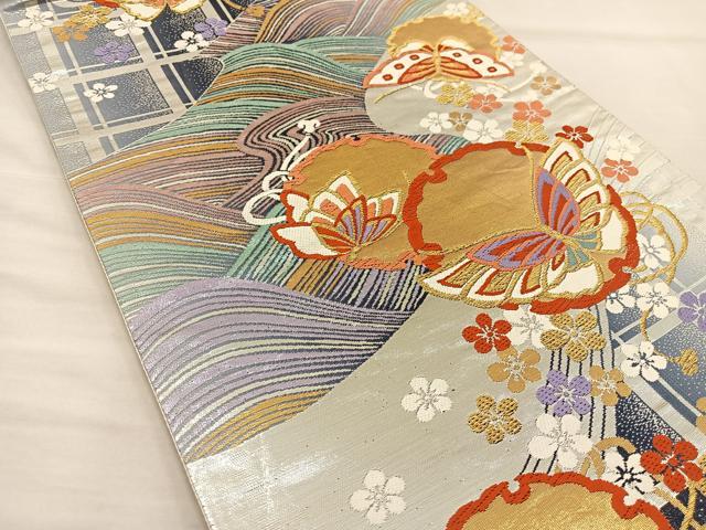 平和屋着物◎六通柄袋帯 唐織 雪輪花蝶文 金銀糸 正絹 逸品 BAAT3923xa