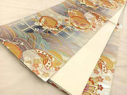 平和屋着物◎六通柄袋帯 唐織 雪輪花蝶文 金銀糸 正絹 逸品 BAAT3923xa