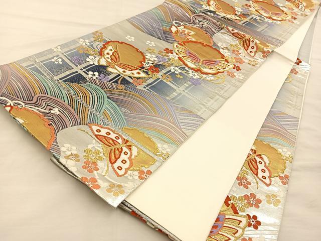 平和屋着物◎六通柄袋帯 唐織 雪輪花蝶文 金銀糸 正絹 逸品 BAAT3923xa