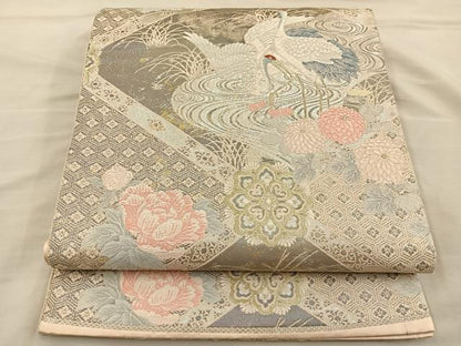 平和屋着物◎六通柄袋帯 唐織 草花文 鶴 金銀糸 正絹 逸品 BAAT3938xa