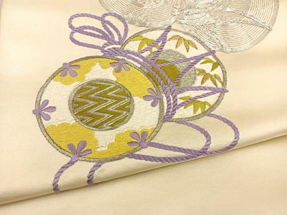 平和屋着物◎太鼓柄袋帯 総刺繍 花鼓文 金銀糸 正絹 逸品 BAAT3970xa