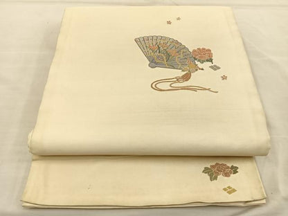 平和屋着物◎太鼓柄袋帯 相良刺繍 扇面花文 金彩 正絹 逸品 BAAT3977xa