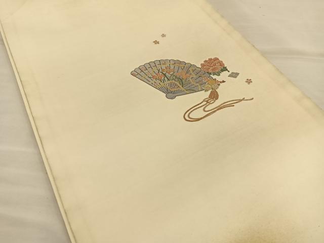 平和屋着物◎太鼓柄袋帯 相良刺繍 扇面花文 金彩 正絹 逸品 BAAT3977xa