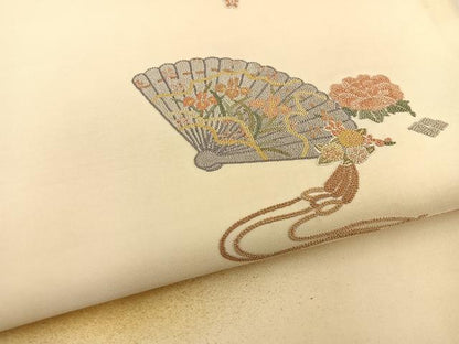 平和屋着物◎太鼓柄袋帯 相良刺繍 扇面花文 金彩 正絹 逸品 BAAT3977xa
