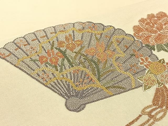 平和屋着物◎太鼓柄袋帯 相良刺繍 扇面花文 金彩 正絹 逸品 BAAT3977xa