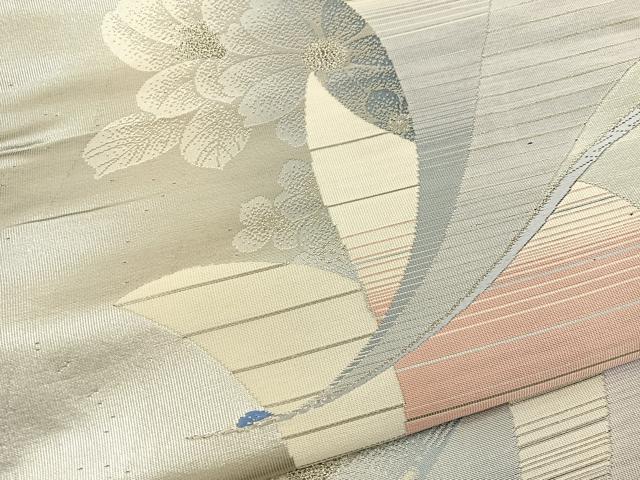 平和屋着物◎六通柄袋帯 唐織 飛鶴花文 銀糸 正絹 逸品 BAAT3988xa