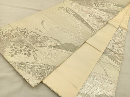 平和屋着物◎六通柄袋帯　唐織　花鳥文　銀糸　正絹　逸品　BAAT3997xa