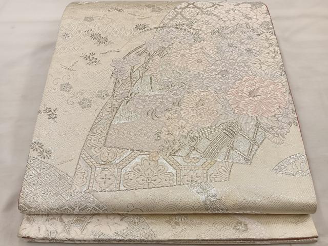 平和屋着物◎両面 六通柄袋帯 唐織 扇面重ね文 銀糸 正絹 逸品 BAAT4425wb