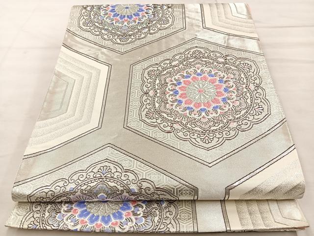 平和屋着物◎六通柄袋帯　唐織　亀甲花文　銀糸　正絹　逸品　BAAT4430wb
